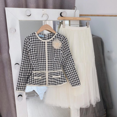 Áo dạ tweed trắng đen peplum công sở hàn quốc sang chảnh tay dài zíc zắc cao cấp