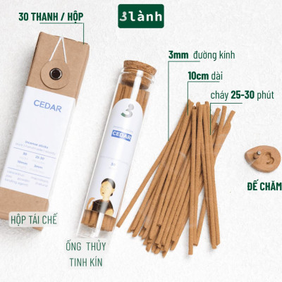 Nhang Thủ Công Gỗ Bách Cedar 3 Lành Hộp 30 Que 100 % Tự Nhiên Tặng Kèm Đế Chăm Không Hóa Chất Xông Thơm
