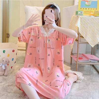 Váy/đầm nữ cộc tay cổ V phối ren vải lanh thoáng mát, dáng suông dài nhiều họa tiết freesize 45 - 65 kg