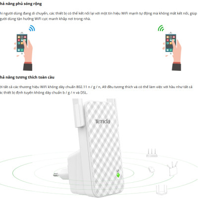 Bộ kích sóng Wifi Tenda A9 Wireless N300Mbps - Hàng chính hãng
