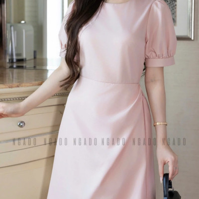Đầm hồng cổ tròn NGADO , đầm nữ , Đầm tay phồng , Đầm dự tiệc sang chảnh