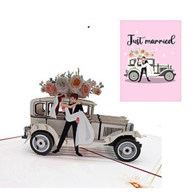 Thiệp 3D Pop Up Xe Cưới Cổ Điển Just Married – Thiệp Chúc Mừng Đám Cưới, Thiệp Wedding Sang Trọng, W11