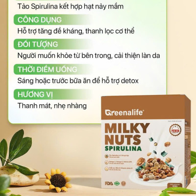 Sữa Hạt Tảo Xoắn Greenalife Milky Nuts Spirulina - Lợi Sữa Cho Mẹ Bầu, Sau Sinh, Dinh Dưỡng Cho Người Tiểu Đường, Người Già, Ăn chay, Ăn Kiêng, Giảm Cân, Eat Clean, Healthy