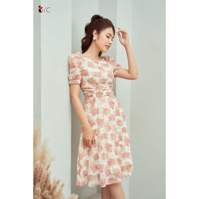 Đầm xòe hoa thêu, tay bồng Tri