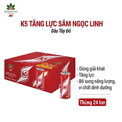Nước Tăng Lực K5 Sâm Ngọc Linh Thùng 24 Lon Vị Dâu Tây Đỏ (320ml/Lon)