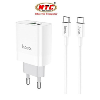 Bộ Cốc sạc 2 cổng USB và PD kèm Cáp sạc Type-C to Type-C dành cho Hoco C80A QC3.0 và PD20W (Trắng) - Hàng Chính Hãng