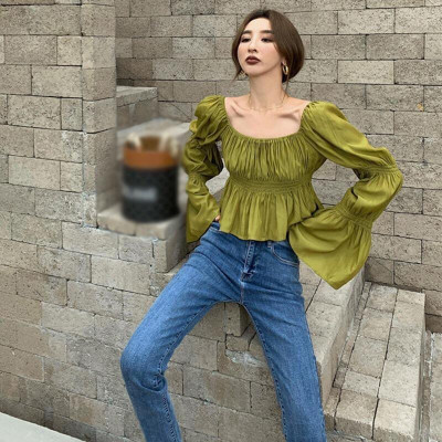 Áo kiểu nữ cổ vuông chất lụa mát màu xanh lá
