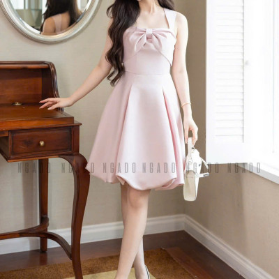 Đầm hồng cổ phối nơ NGADO , đầm ngắn , đầm dự tiệc , dạo phố