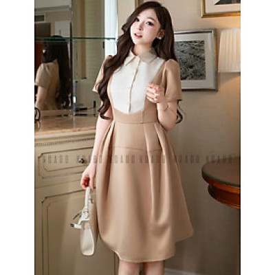 Đầm nâu cổ phối trắng NGADO , đầm dạo phố , đầm công sở