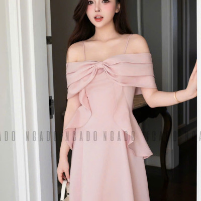 Đầm hồng 2 dây trễ vai NGADO , đầm dài , đầm dự tiệc