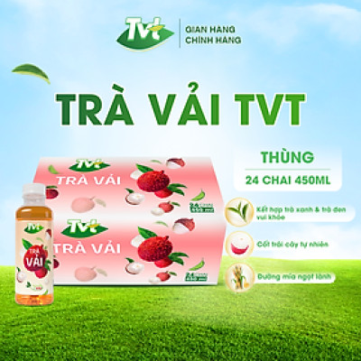 [Thùng 24 chai 450ml] Trà Vải TVT- thanh mát, tự nhiên từ nước cốt vải thiều, trà xanh nguyên chất