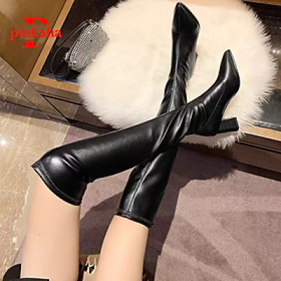 Bốt Đùi Nữ Mũi Nhọn Da Lộn Lót Lông PINKAHA Ôm Chân Gót Cao 7cm Không Khoá