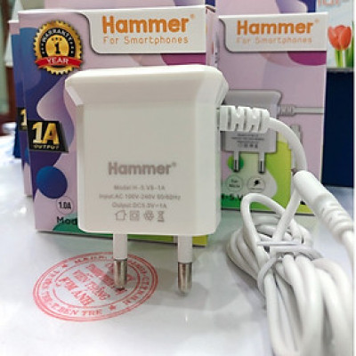 Sạc Liền Dây Ham mer (H-5) Dòng Điện 1A có đèn Led , Chuôi Micro - Hàng chính hãng