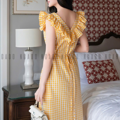 Đầm caro vàng phối cổ nhún NGADO , đầm caro , đầm kẻ ,  đầm dạo phố