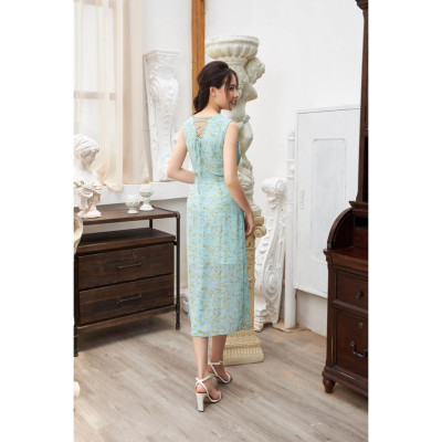 Đầm maxi kẻ hoa Tri