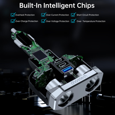 Tẩu sạc Choetech TC0020 đa năng 200w có 2 cổng Type C + 1 cổng Usb (Hàng chính hãng)