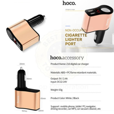 Tẩu sạc ô tô nhãn hiệu Hoco Z10 có 2 cổng USB (5V 2.1A) và màn hình Led hiển thị thông số điện áp