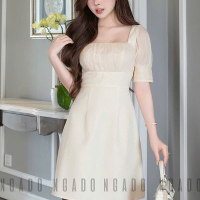 Đầm kem cổ vuông phối voan NGADO , đầm kiểu Nữ , đầm voan