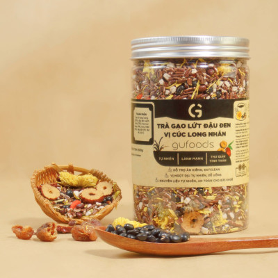 Trà gạo lứt đậu đen vị Cúc Long nhãn GUfoods (hũ 500g) - Tinh thần thoải mái - Tự nhiên - Lành mạnh