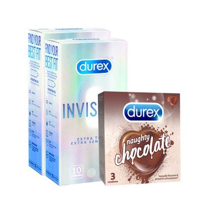 Bộ 2 hộp bao cao su Durex Invisible siêu mỏng (52mm, 10 bao/hộp)+ 1 Durex Naughty Chocolate hương choco (52mm, 3 bao/hộp)