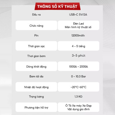 Bơm Lốp, Kích Bình Ô Tô, Xe Máy 4in1 GDV TS03 Pin LI-PO 12000mAh Kiêm Sạc Dự Phòng, Đèn Pin Chiếu Sáng - Hàng Chính Hãng