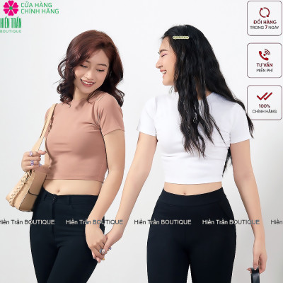 Áo croptop Hiền Trần BOUTIQUE cổ tròn cộc tay vải thun ôm body crotop nữ cotton co giãn tốt