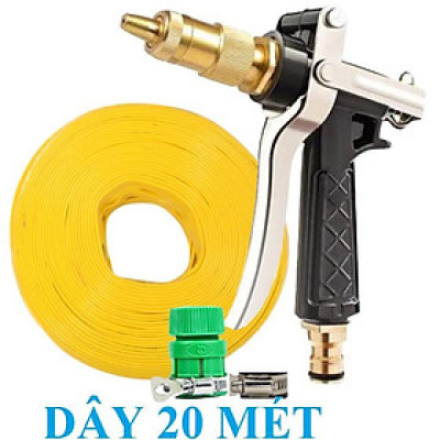 Bộ dây vòi xịt nước rửa xe, tưới cây . tăng áp 3 lần, loại 20m 206236 đầu đồng, đai, nối vòi vàng