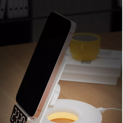 Sạc Wiwu Automatic Positioning 4in1 M11 Cho Iphone, Airpods, Apple Watch hỗ trợ sạc nhanh không dây, sạc có đồng hồ hiện thị giờ - Hàng chính hãng