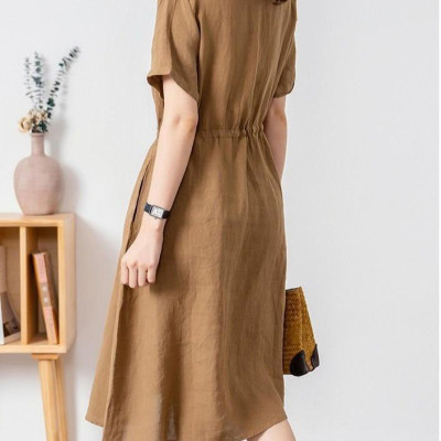 Đầm nữ cổ V phong cách Hàn Quốc thanh lịch, chất linen mát, dầm có túi siêu xinh NH173 nâu