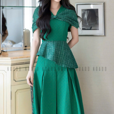 Set áo váy xanh lá tay phối nơ NGADO , đầm dự tiệc , đầm thiết kế